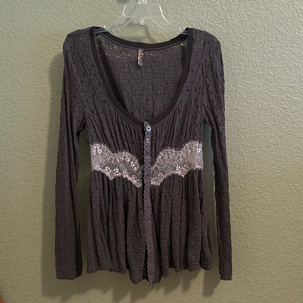 Free People Grey Long Sleeve Top with Lace Size S